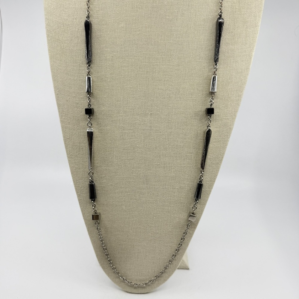 Modern Silver-Tone Long Link Necklace Geometric Bar Cube Minimalist Layering